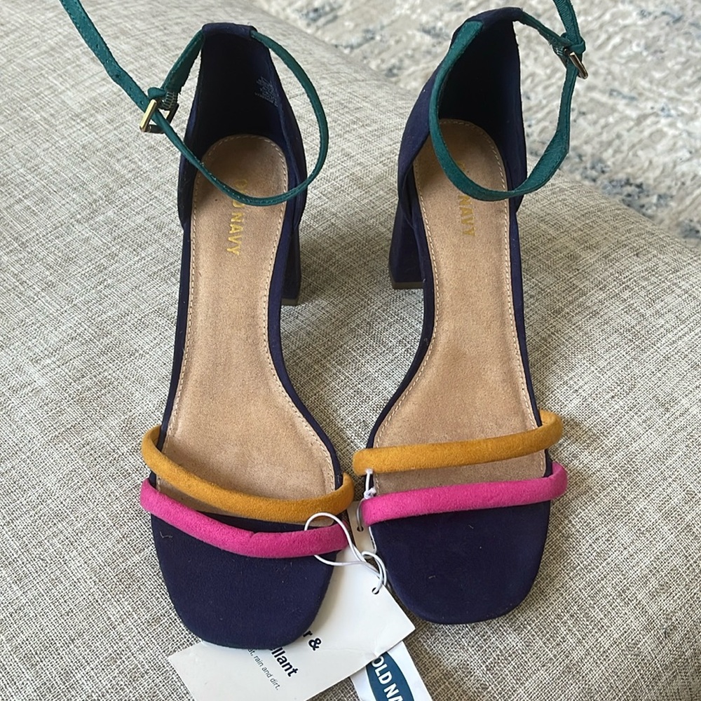 Old Navy blue heels with orange, pink and green.